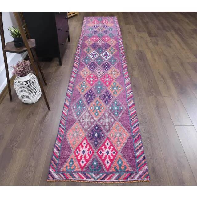 1970s Turkish Handmade Wool Diamond Pink Purpler Runner Rug 77x392