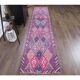 1970s Turkish Handmade Wool Diamond Pink Purpler Runner Rug 77x392