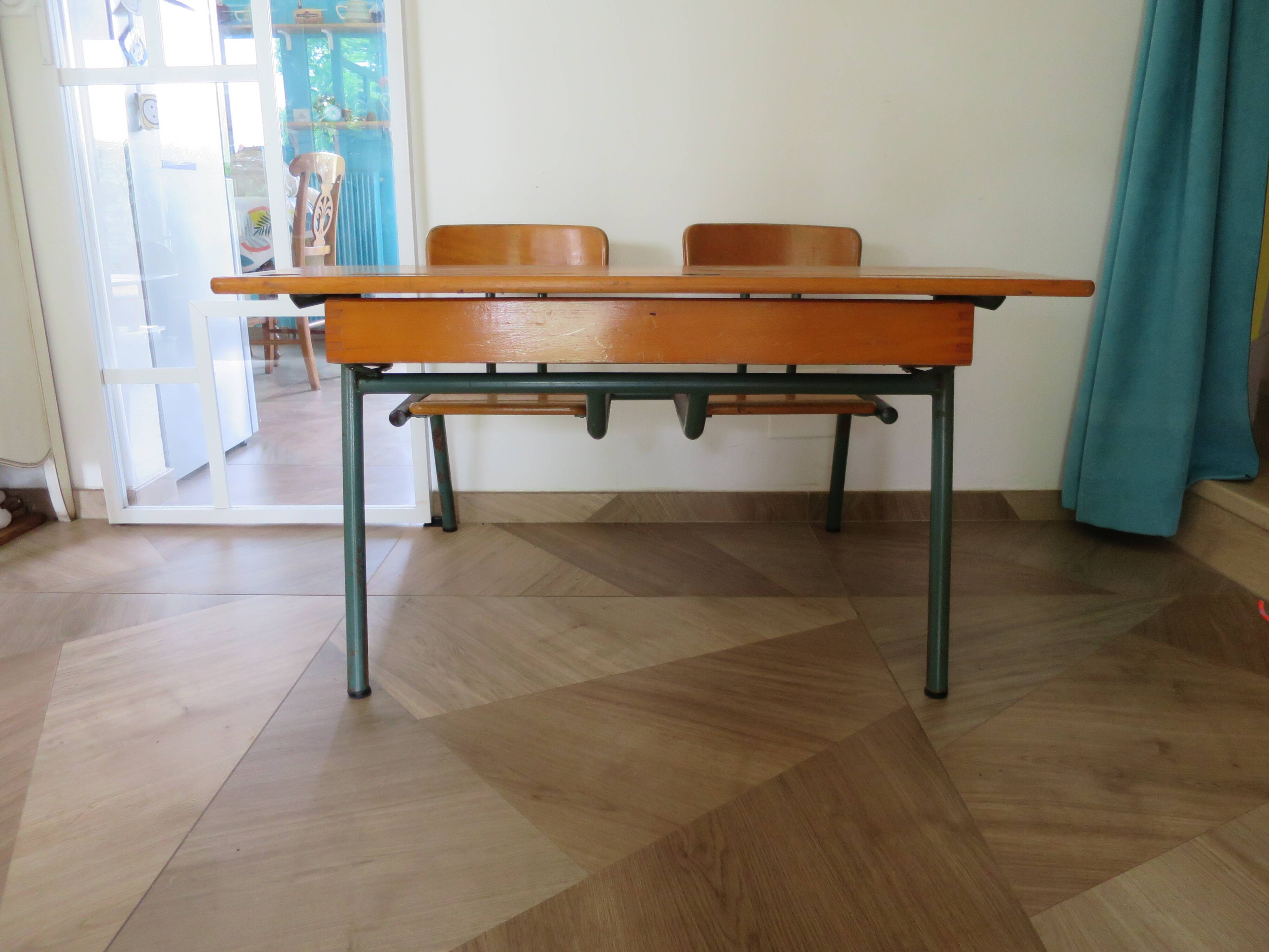 Bureau d’écolier vintage en bois et métal - Bureau double