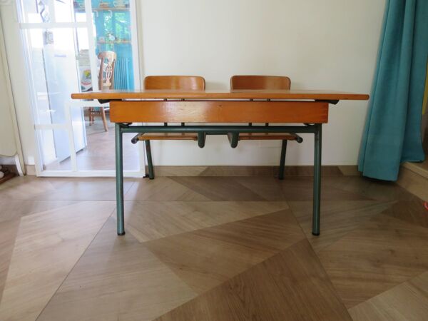 Bureau d’écolier vintage en bois et métal - Bureau double