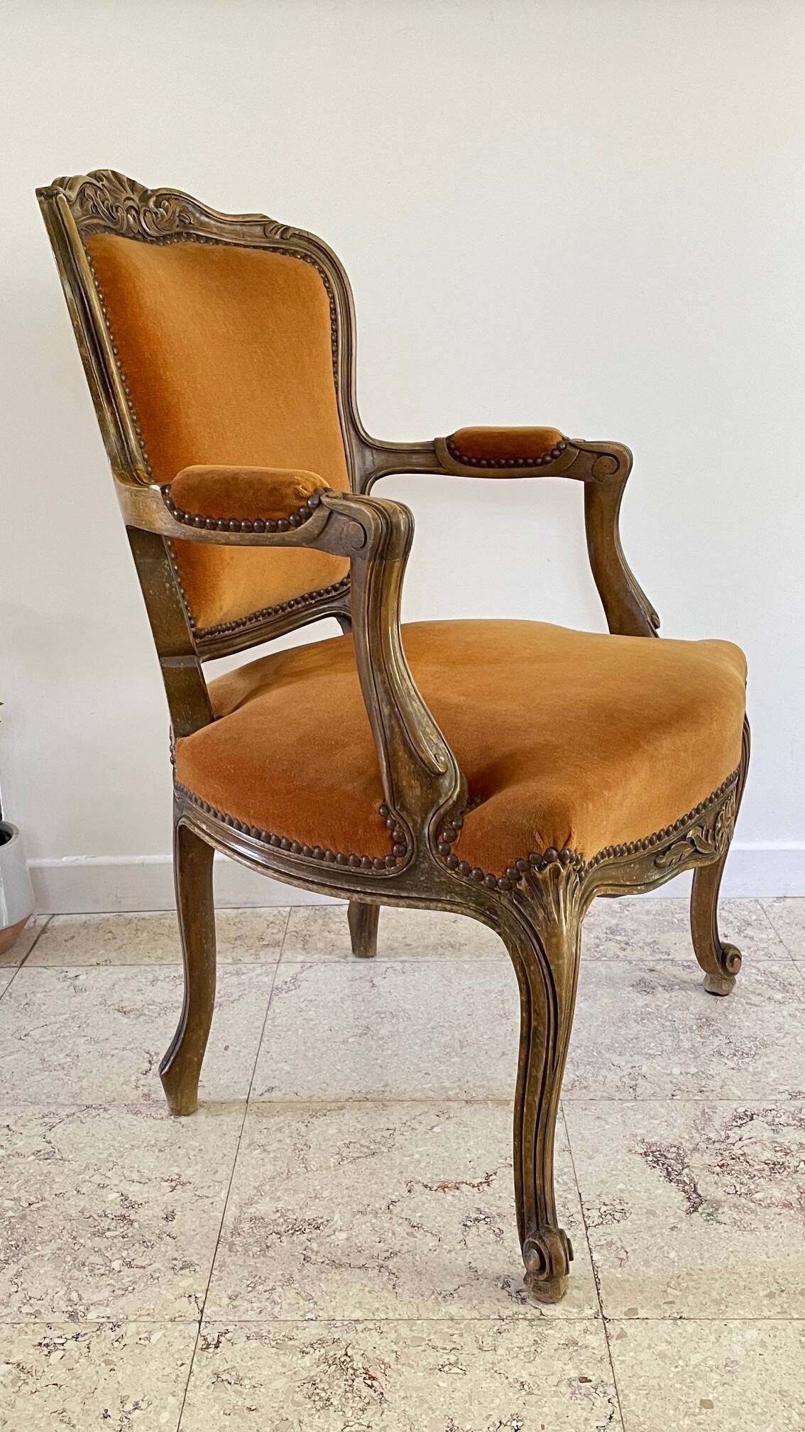 Vintage French Curry Velvet Cabriolet Armchair