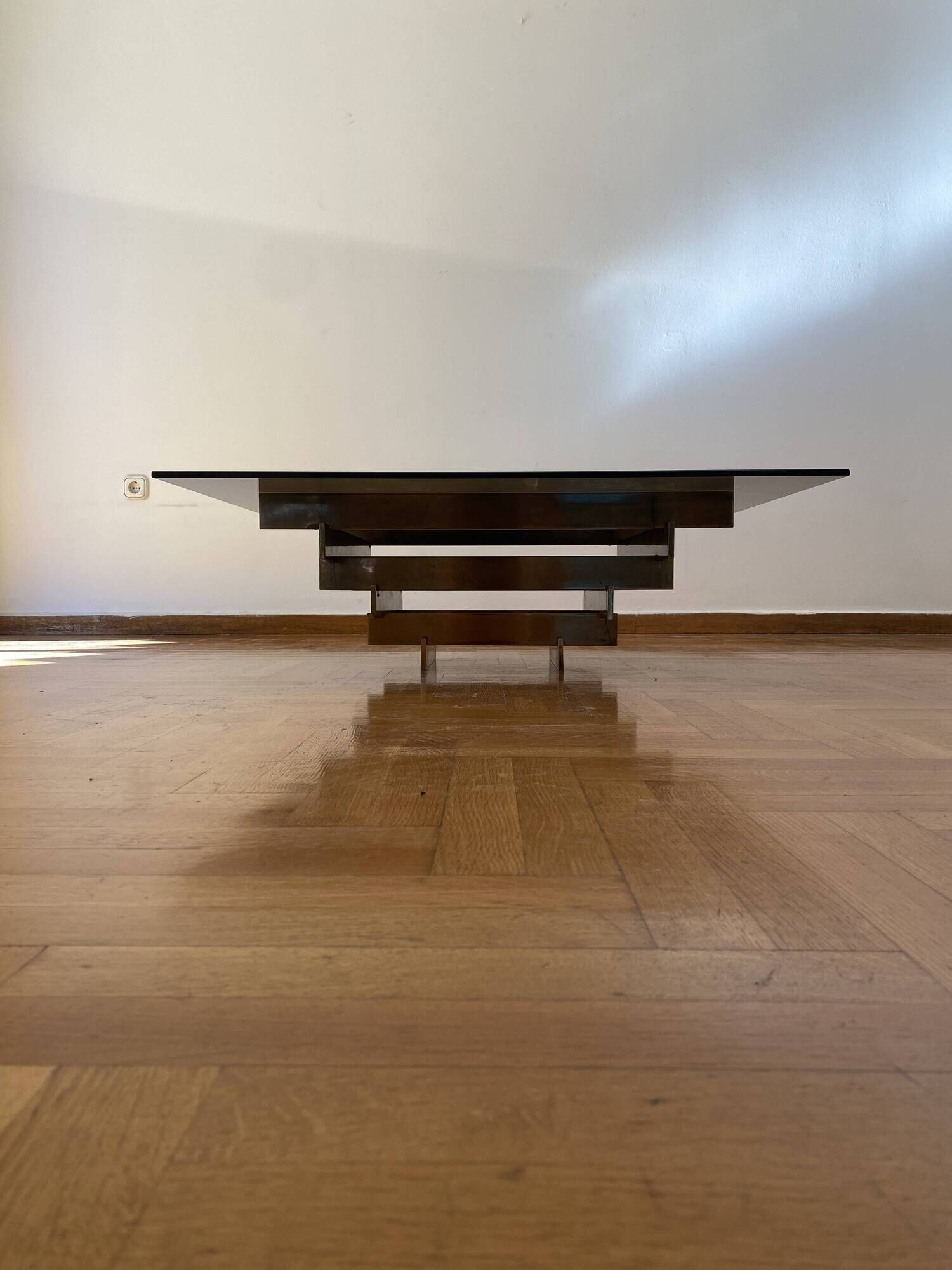 Vintage 1970s Square Coffee Table in Brass and Smoked Glass, David Hicks