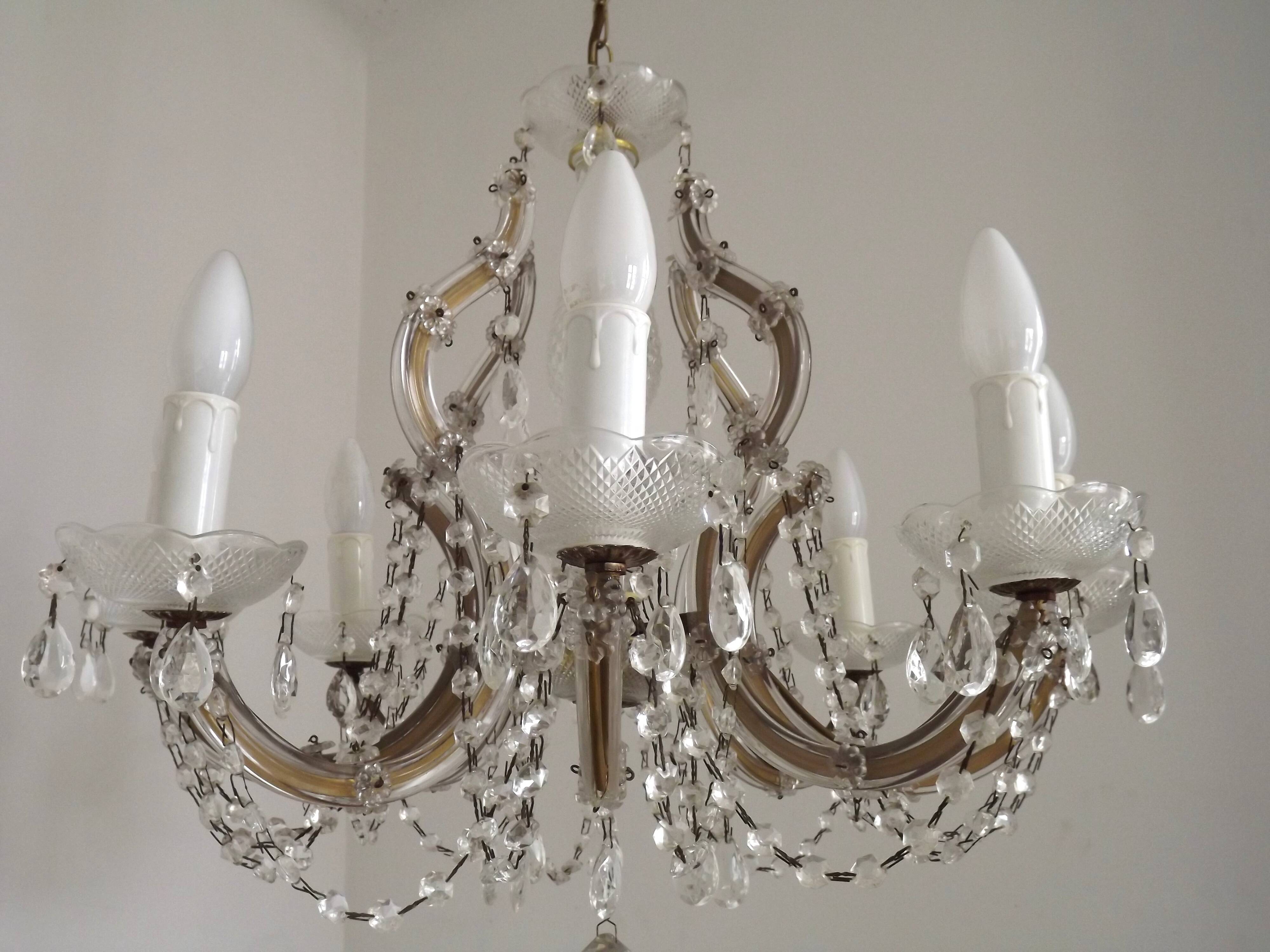 Mid-Century Brass Glass & Crystal Maria Theresa Style 8 Arm Chandelier 5446