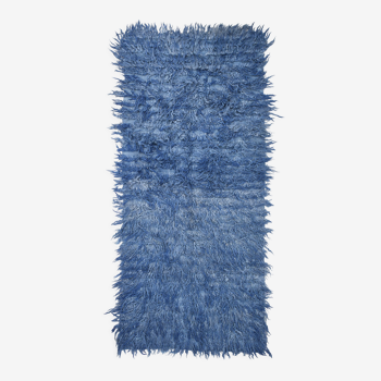 4x9 handmade wool blue vintage rug, 122x266cm