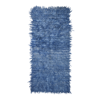 4x9 handmade wool blue vintage rug, 122x266cm