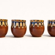 Set of 4 Bulgarian ceramic Troyan mugs from the 1970s, vintage glazed stoneware.