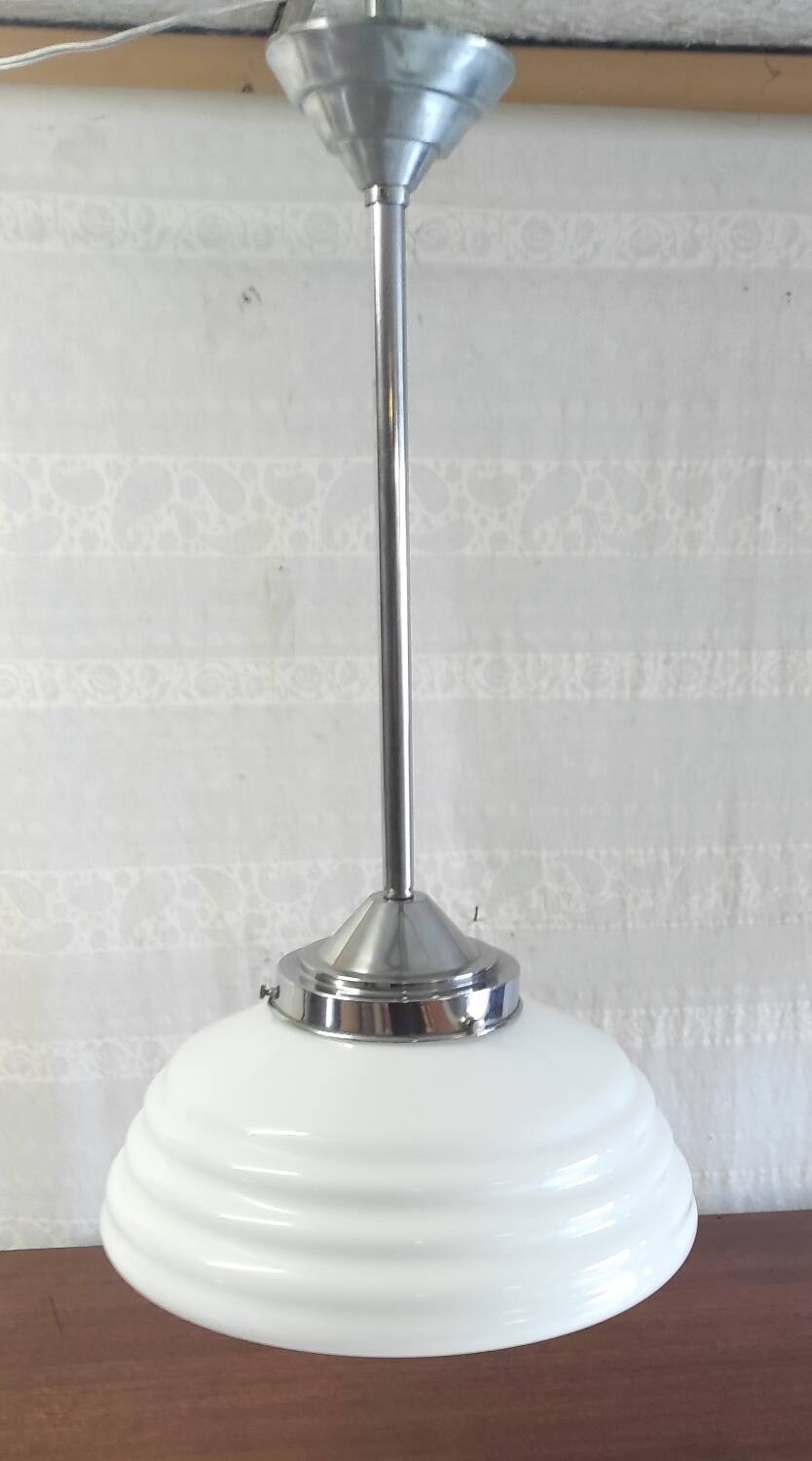 Bauhaus pendant light in chrome metal and opaline globe - 1950s