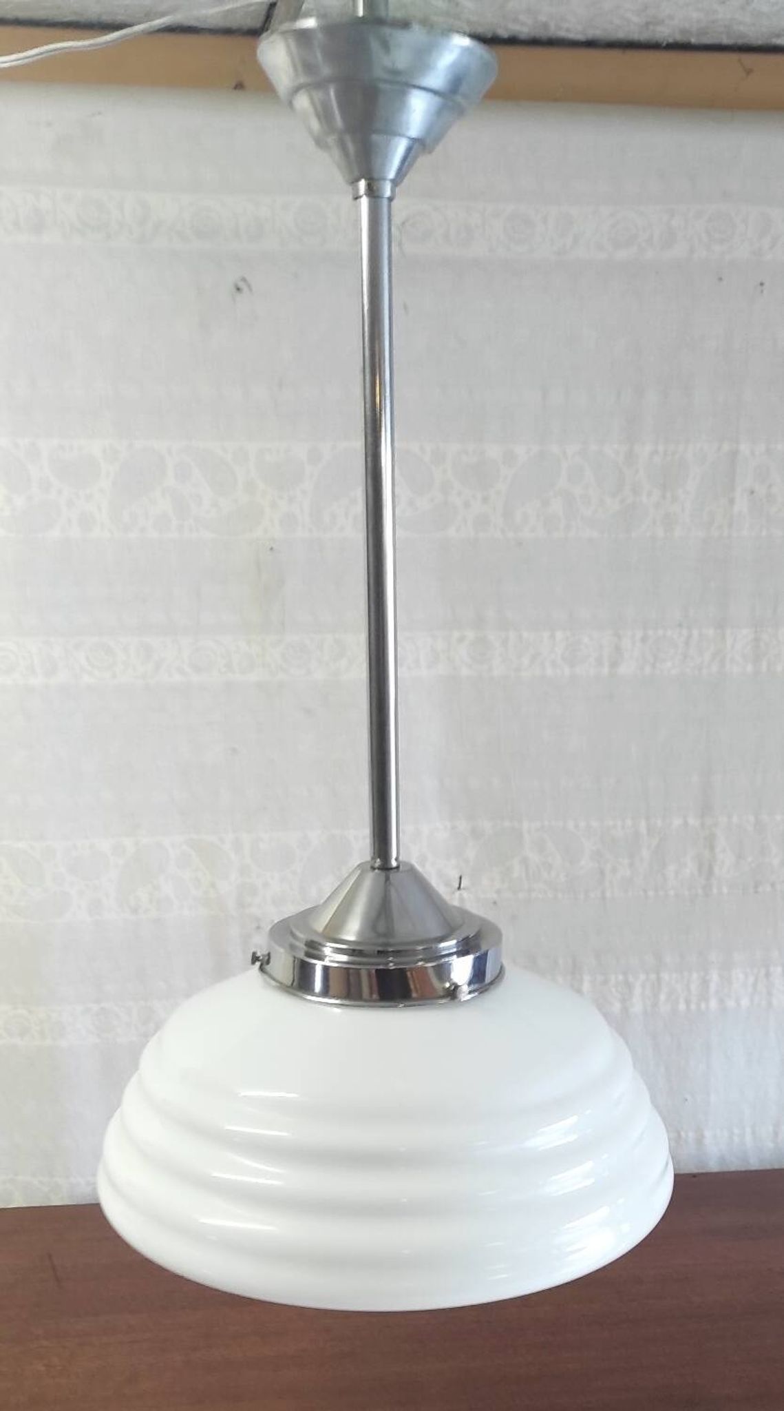 Bauhaus pendant light in chrome metal and opaline globe - 1950s