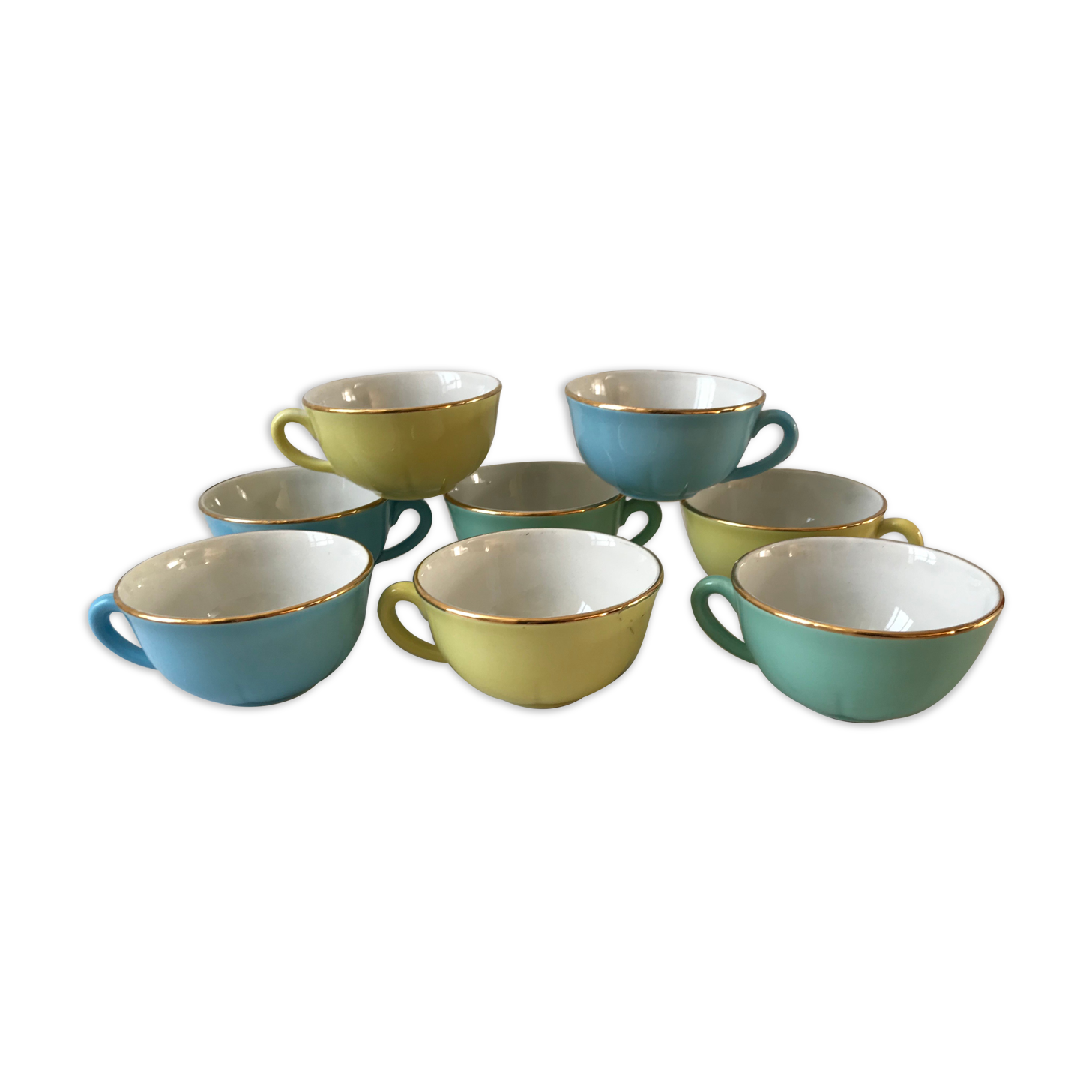 Set of 8 pastel colored cups Digoin Sarreguemines 50s
