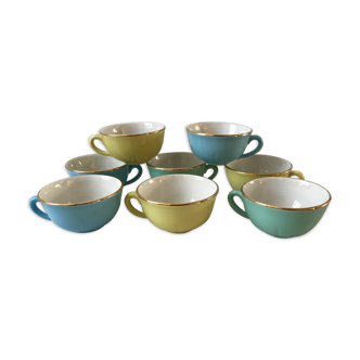 Lot de 8 tasses colorées pastel Digoin Sarreguemines années 50