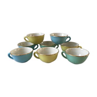 Set of 8 pastel colored cups Digoin Sarreguemines 50s