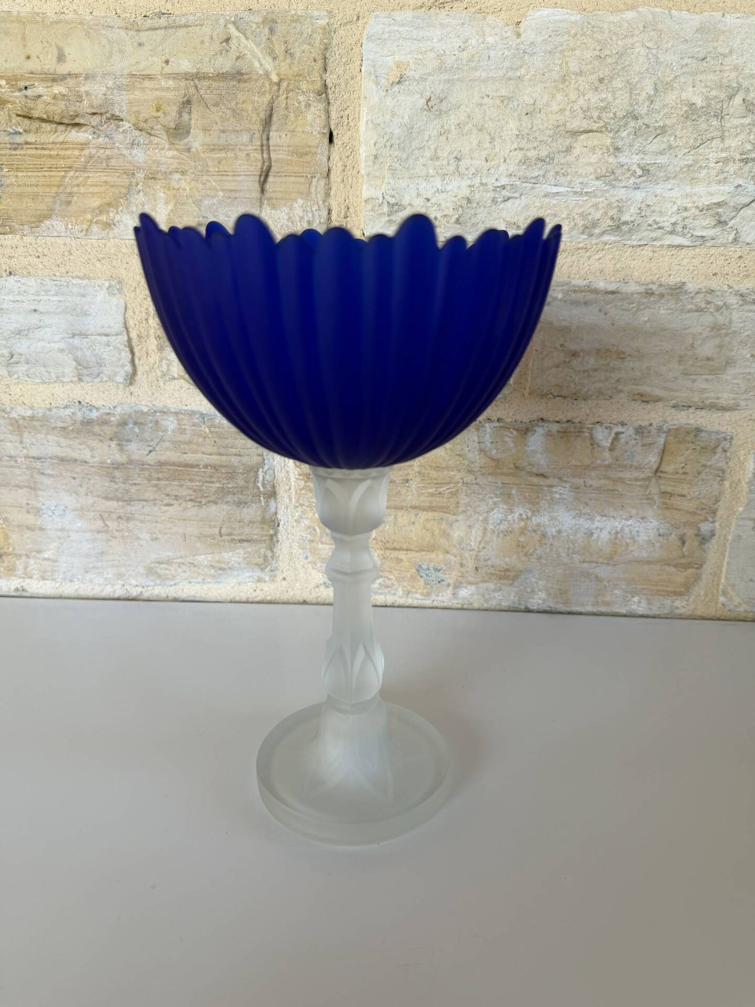 Large vintage Art Deco footed bowl – cobalt blue & frosted glass