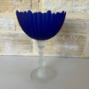 Large vintage Art Deco footed bowl – cobalt blue & frosted glass