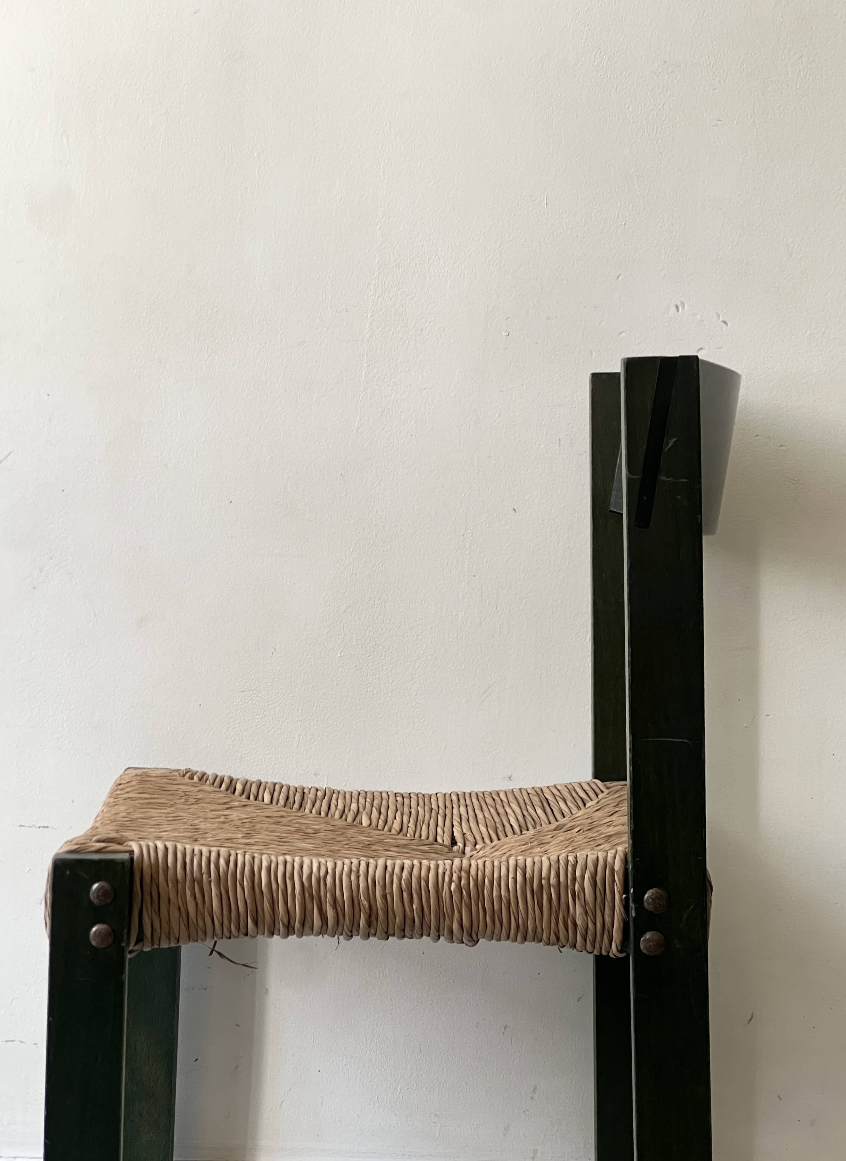 Bottle green patinated wooden straw chair, France 1950