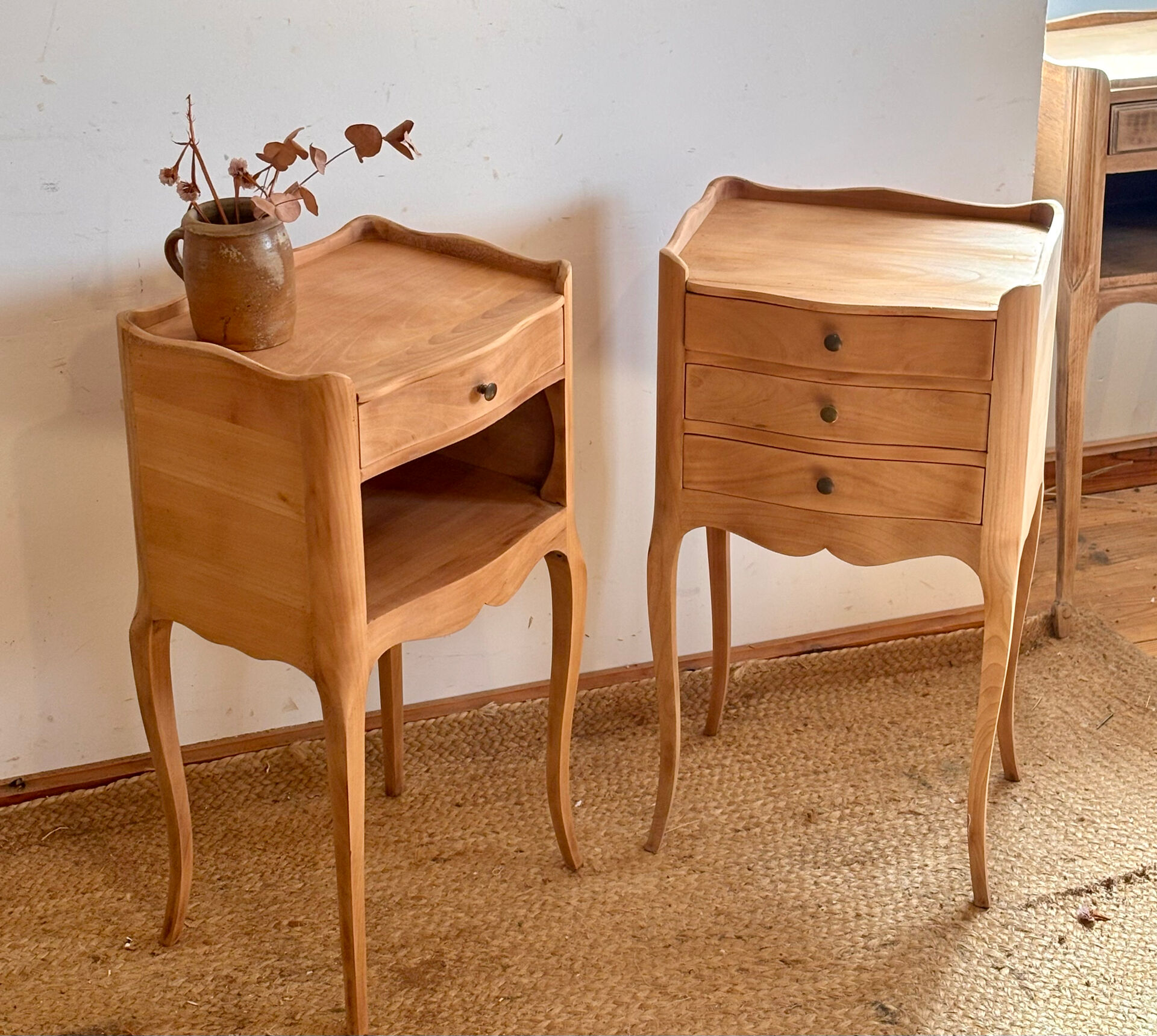 Pair of antique wooden bedside tables.