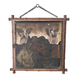 Antique Asian decorative triptych mirror with chain wall decoration in wood.