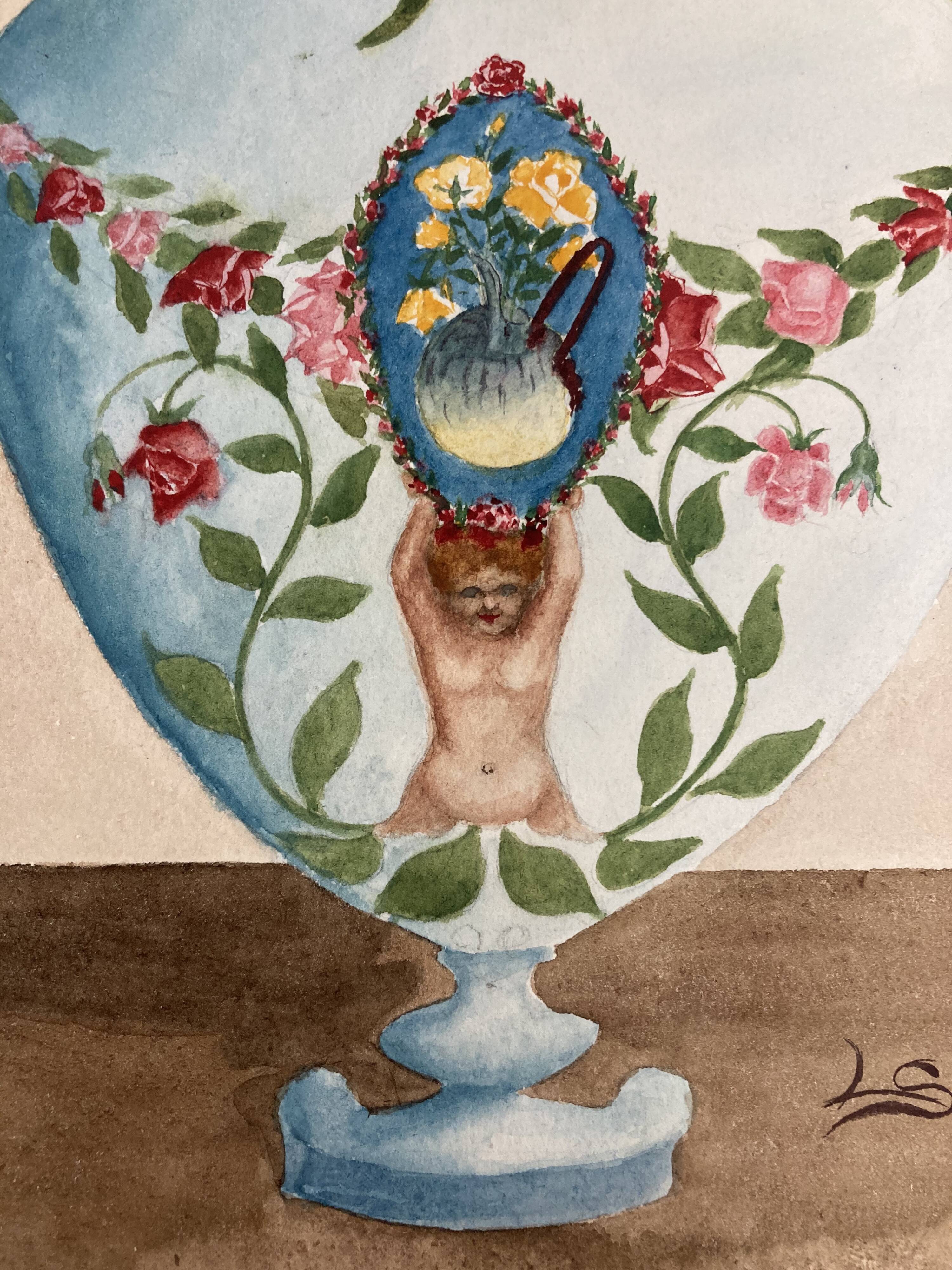 Vintage watercolor with roses in earthenware vase with angel