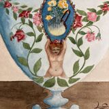 Vintage watercolor with roses in earthenware vase with angel