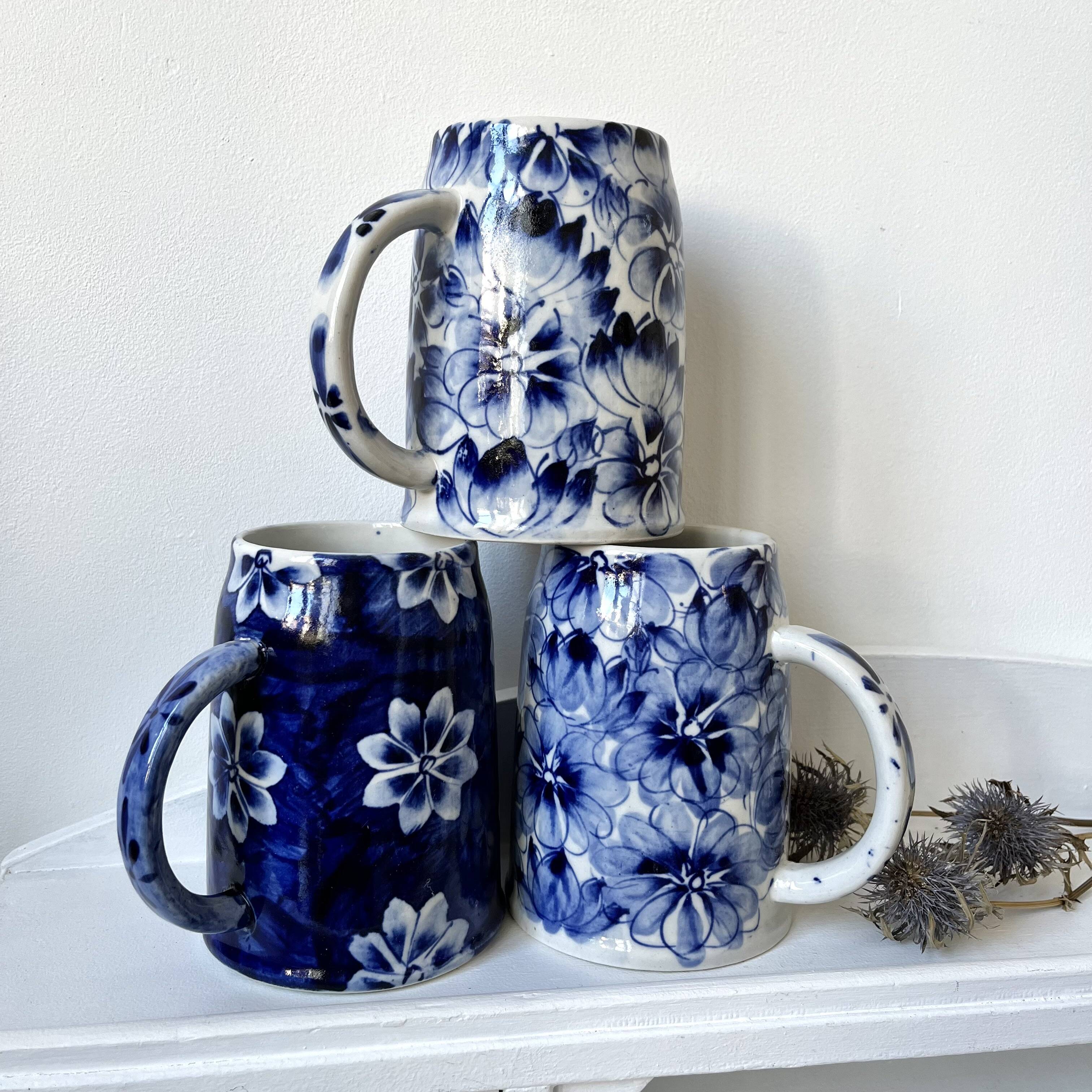 Blue flowered mugs or large tankards