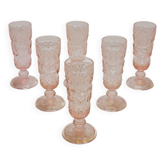 6 Glasses Champagne Flutes In Rose Molded Pressed Glass Embossed Decor