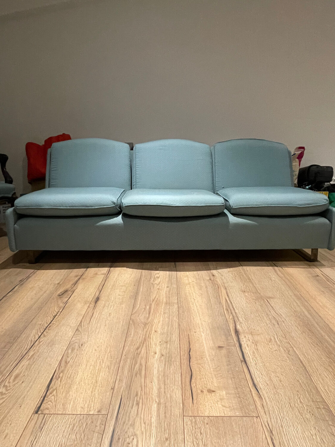 Banquette sofa circa 1970 blue fabric/yellow polka dots