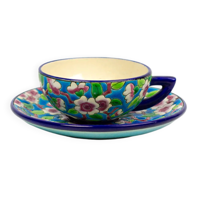 Tasse et soucoupe « fleurs de pommiers » D188, émaux de Longwy, 1930