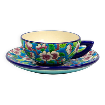 Cup and saucer "apple blossom" D188, Longwy enamels, 1930