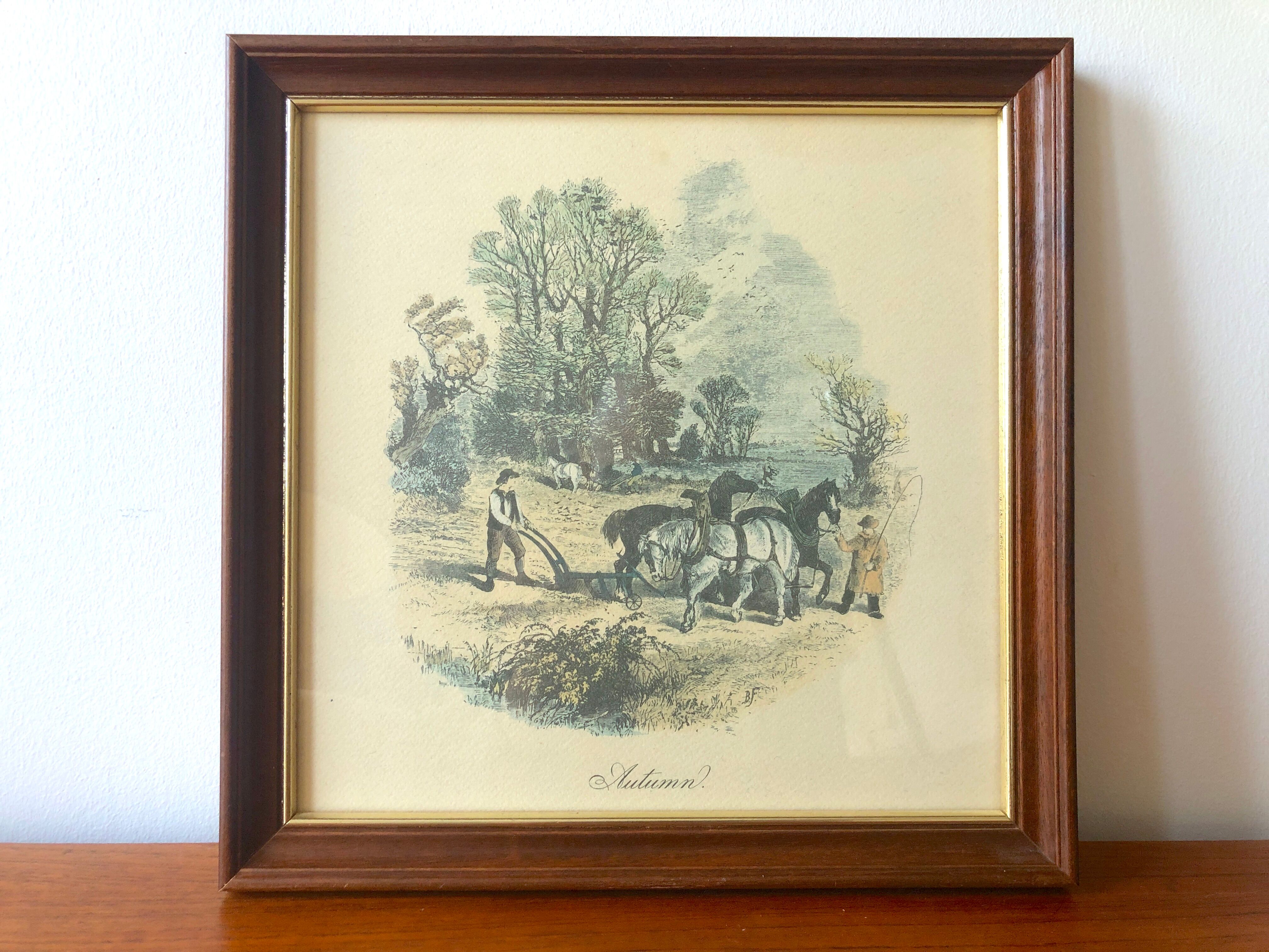 Set of 4 framed antique prints - 4 seasons