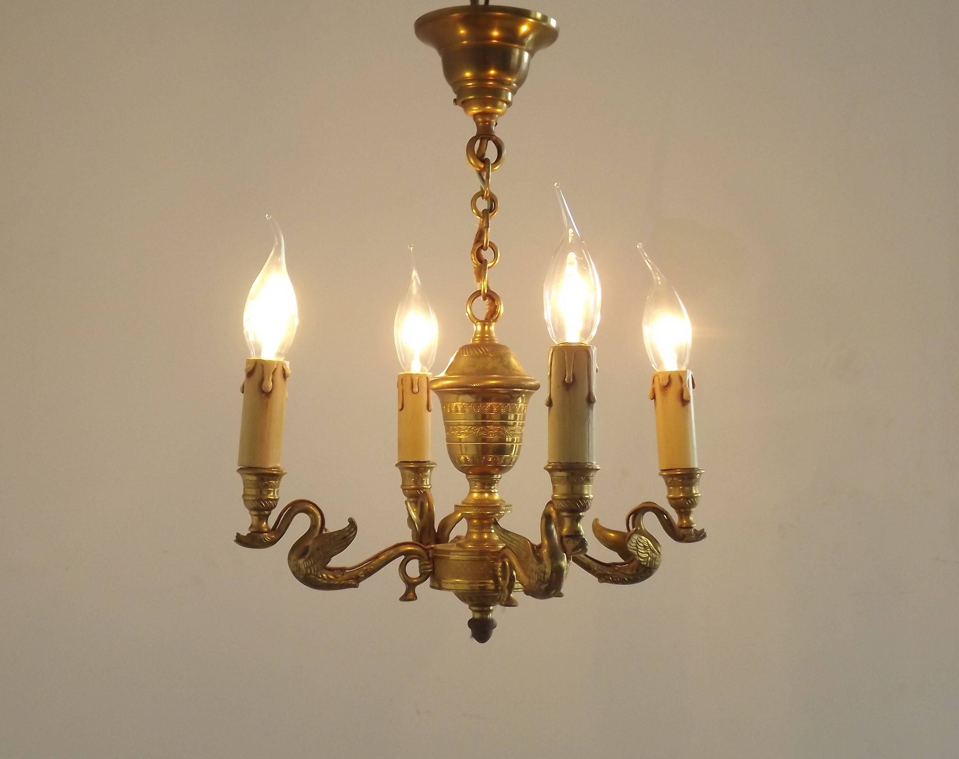 French Empire Style Bronze 4-Light Chandelier with Swan Detail Arms