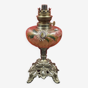 Old oil lamp, enameled glass tank, stylized foot 30 cm