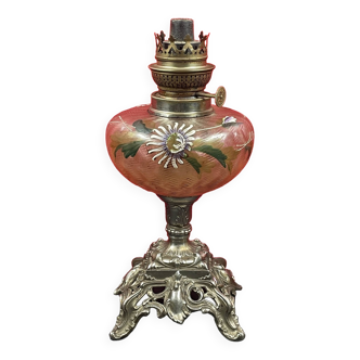 Old oil lamp, enameled glass tank, stylized foot 30 cm