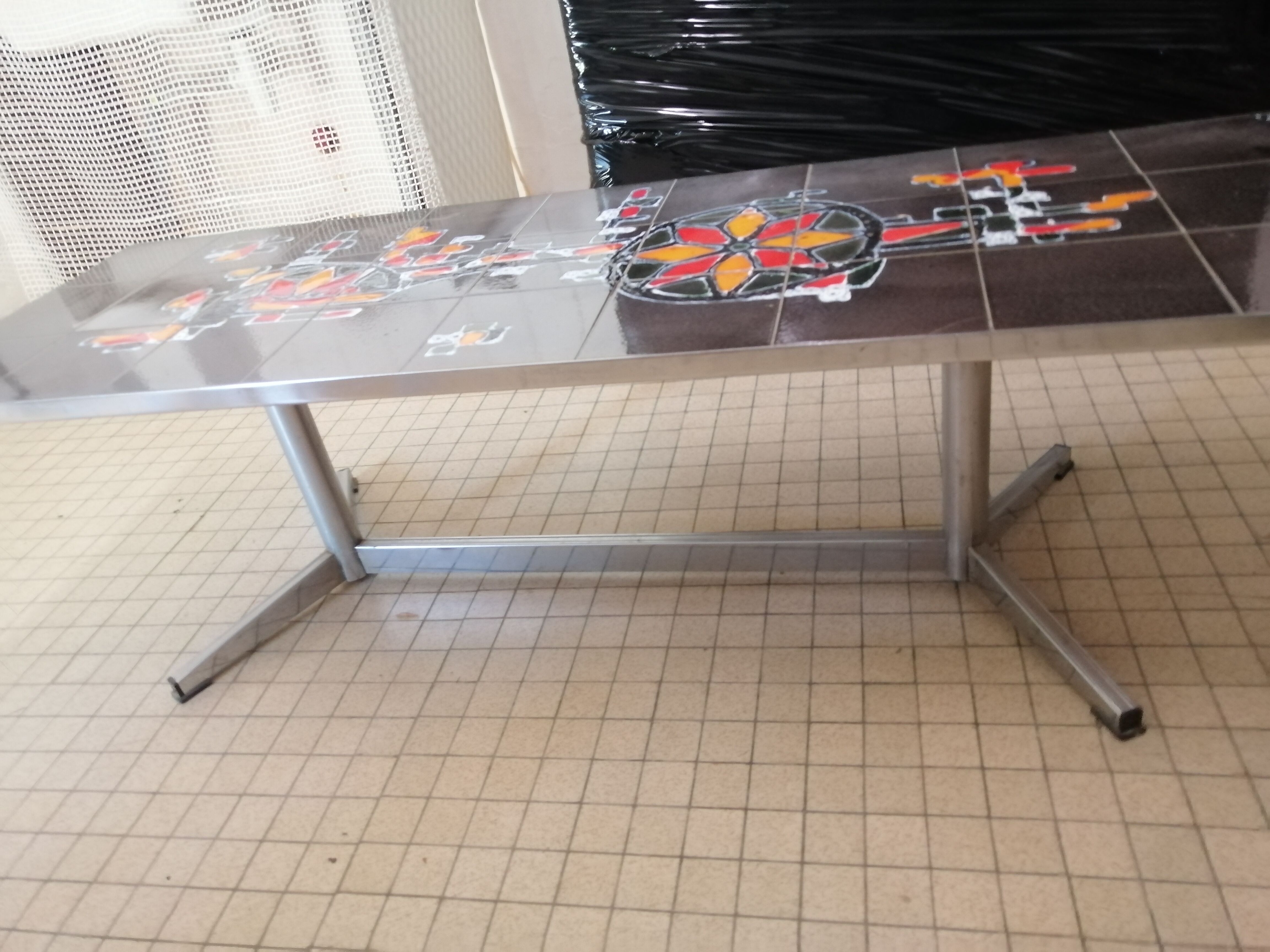 Art deco chrome metal and ceramic coffee table