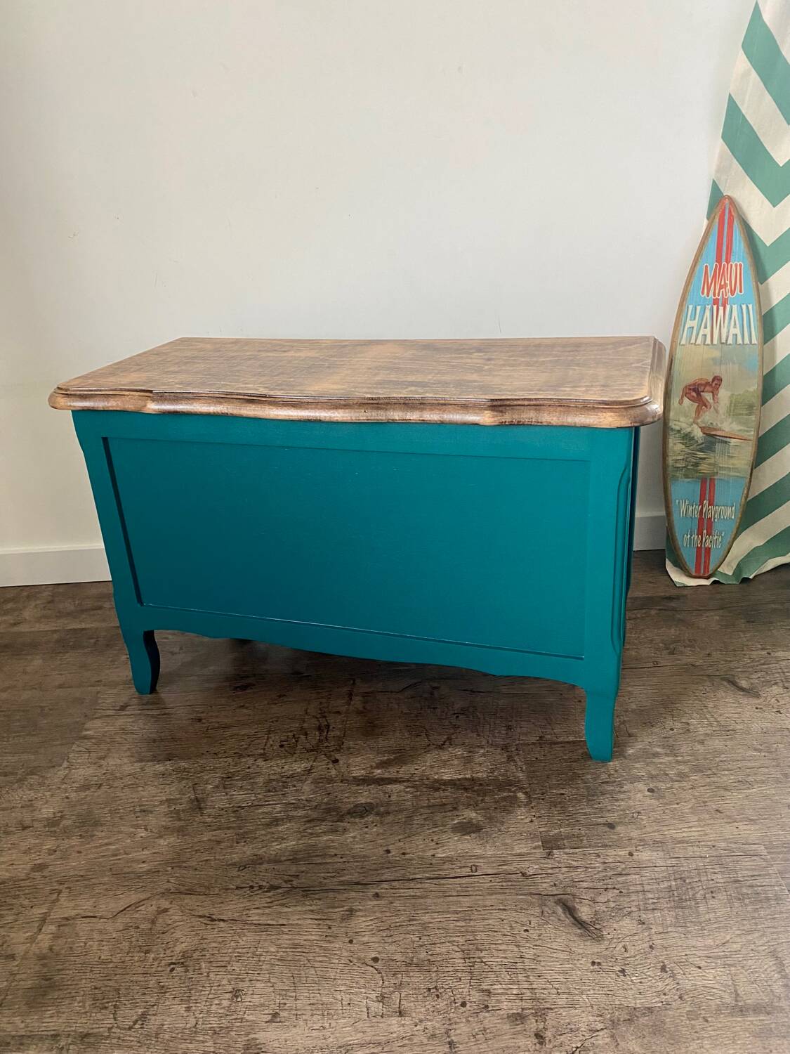 Duck blue and light wood storage chest