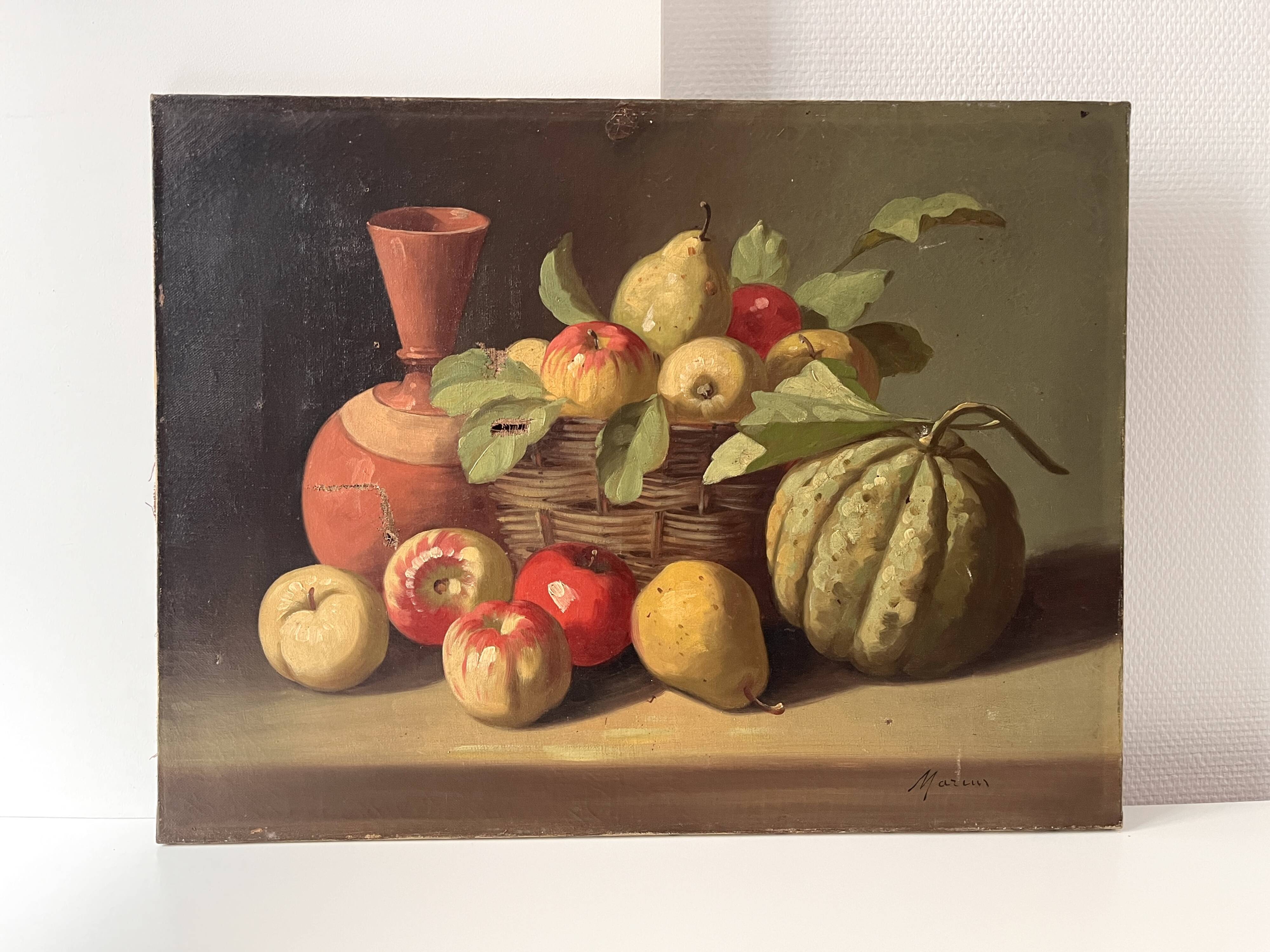Peinture de nature morte à l'huile sur toile 1900, tableau melon et fruits