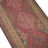 Handwoven vintage kilim rug grey pink wool carpet area rug- 147x342cm