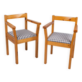 Paire de chaises en pin et tissu vichy, France, 1980