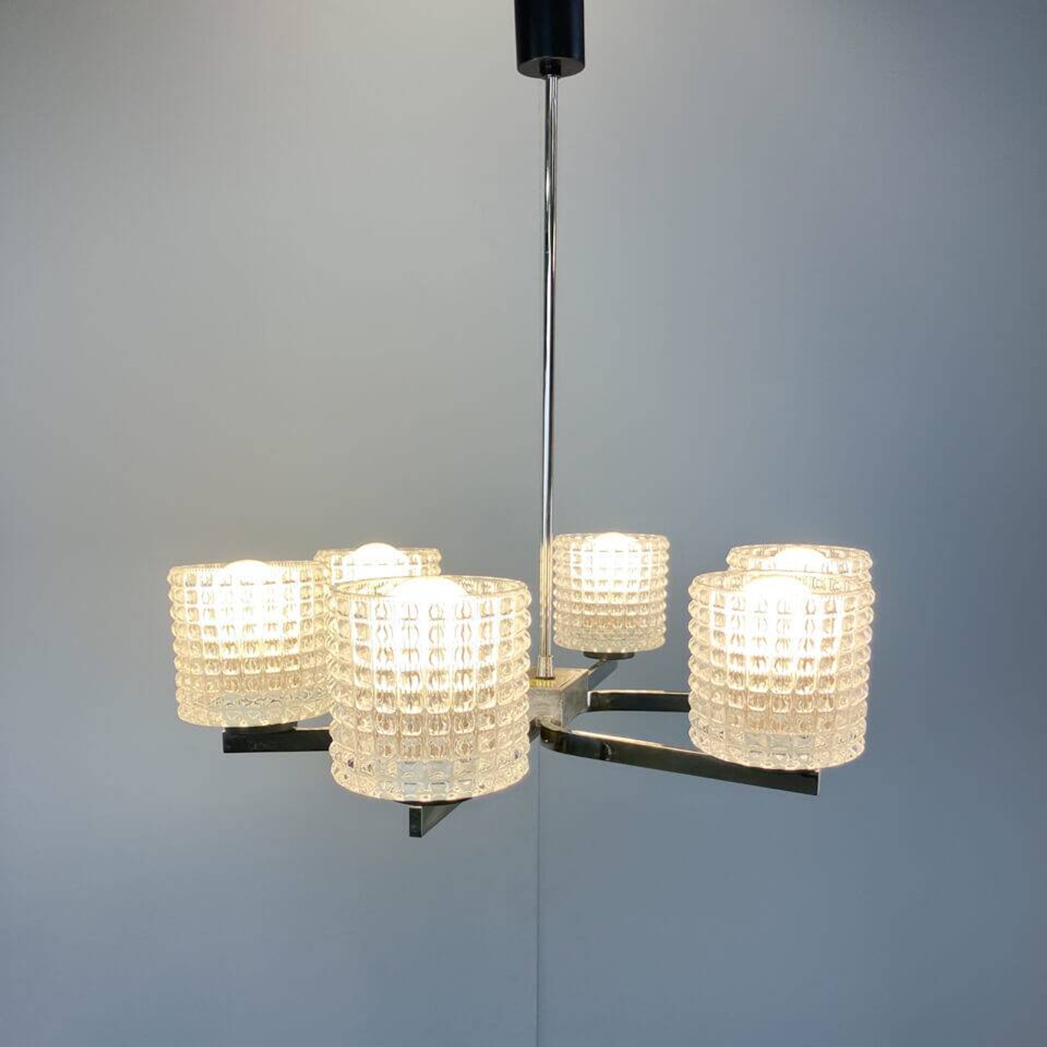 Six-light chandelier by Kaiser Leuchten, chrome, glass, vintage of the 60s