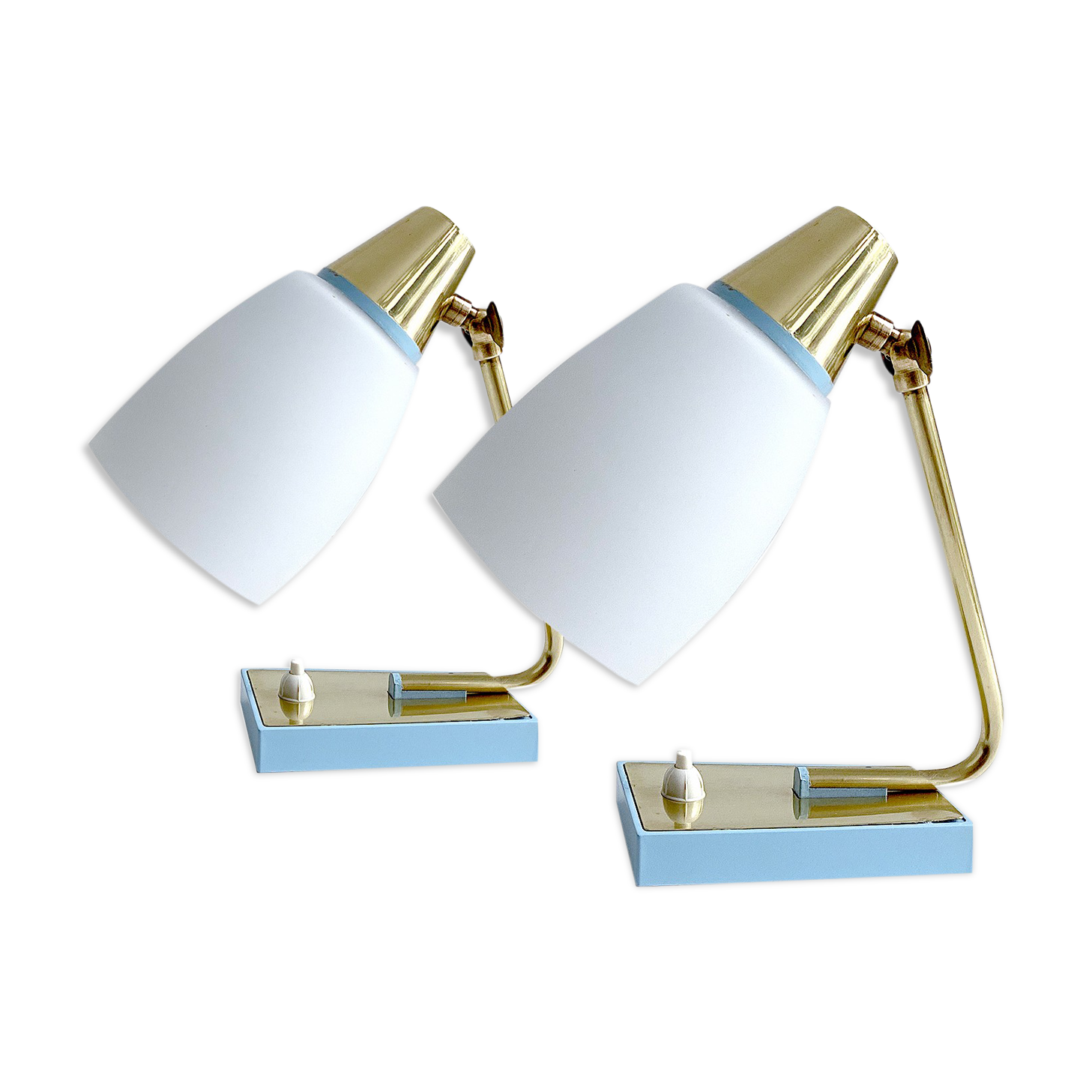 Pair of vintage table or bedside lamps, brass and glass, 50s 60s