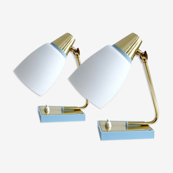 Pair of vintage table or bedside lamps, brass and glass, 50s 60s