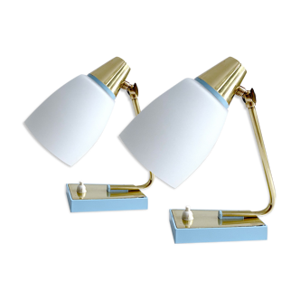 Pair of vintage table or bedside lamps, brass and glass, 50s 60s