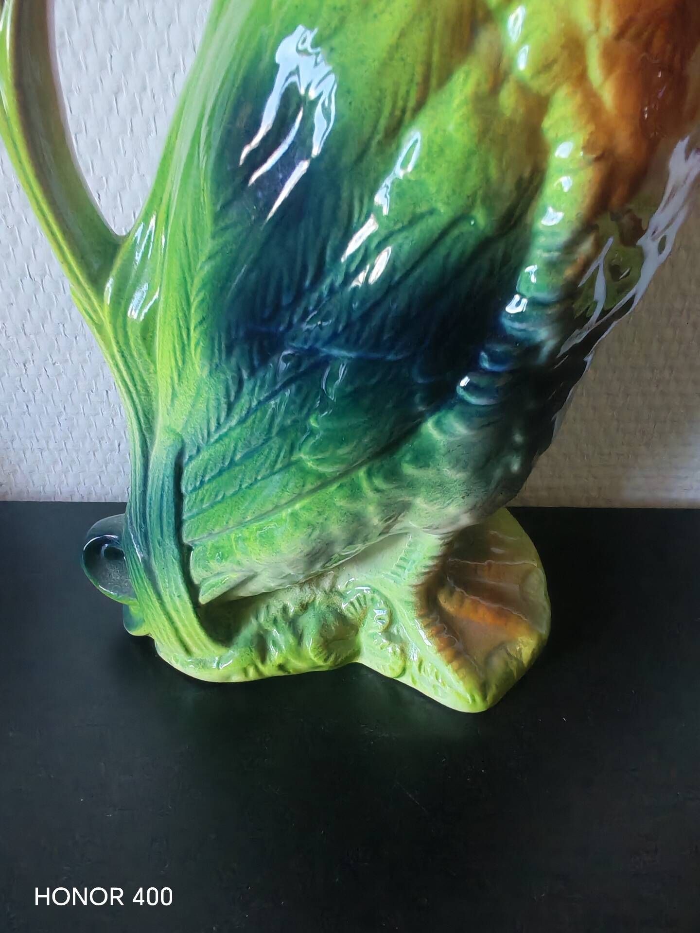 Pair of duck and rooster jugs in St Clément barbotine vintage