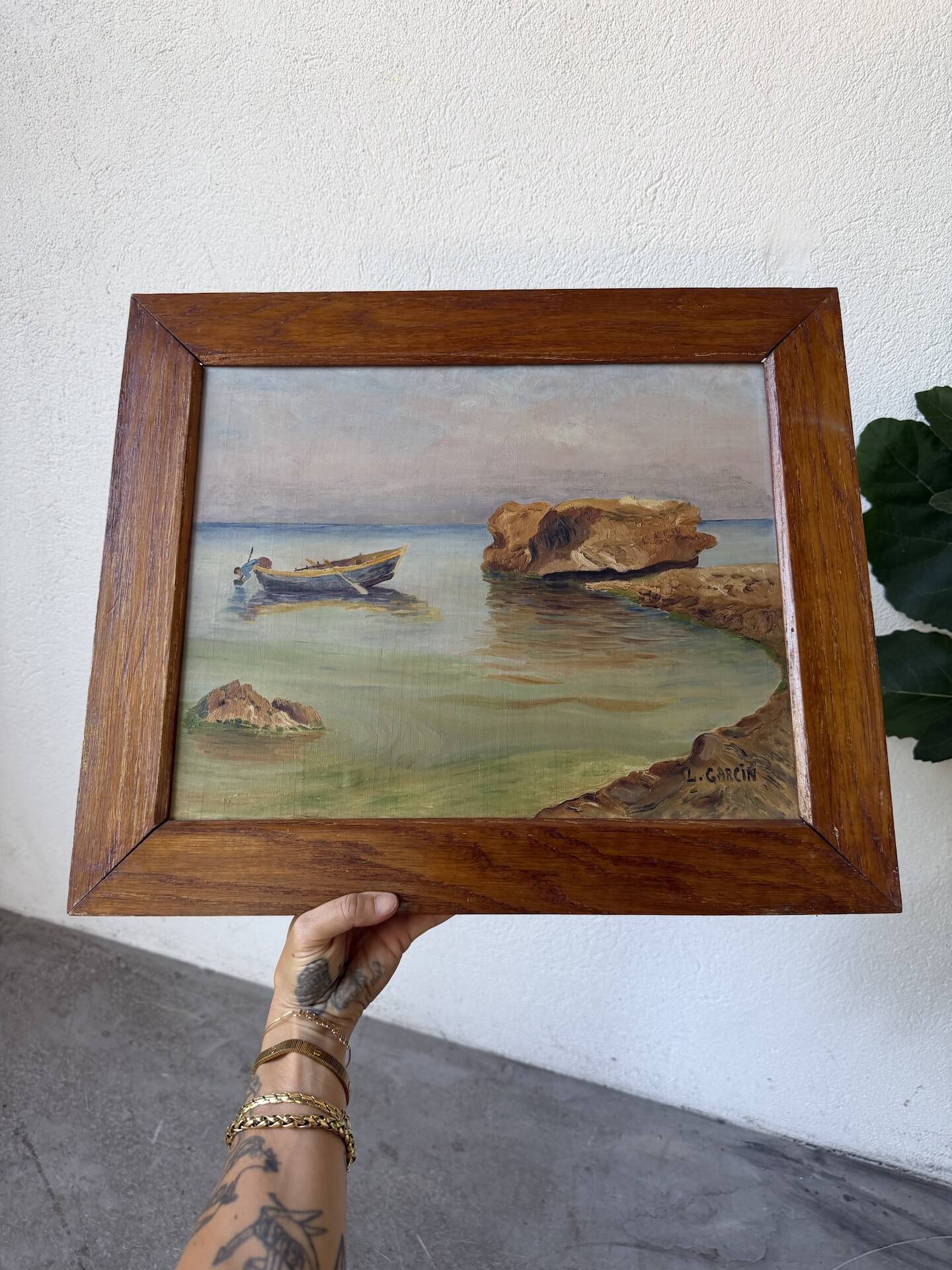 Framed oil painting fisherman L. Garcin