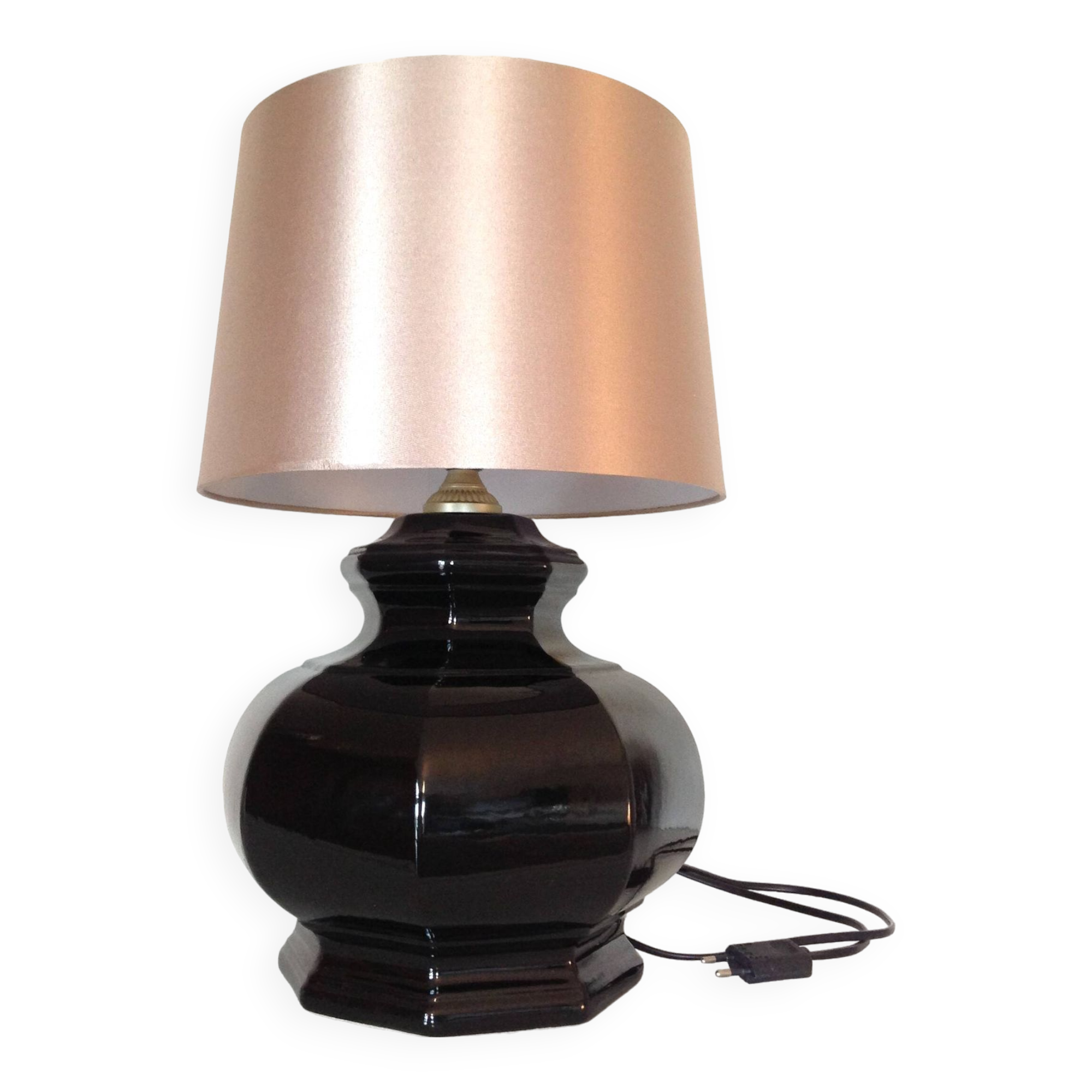 Octagonal black ceramic lamp and gold lampshade / vintage 70s