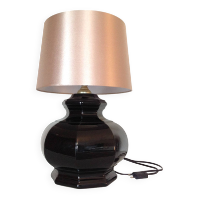 Lampe en ceramique noire octogonale et abat jour doré / vintage années 70