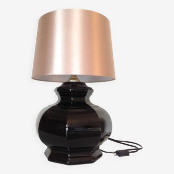 Octagonal black ceramic lamp and gold lampshade / vintage 70s