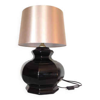 Octagonal black ceramic lamp and gold lampshade / vintage 70s