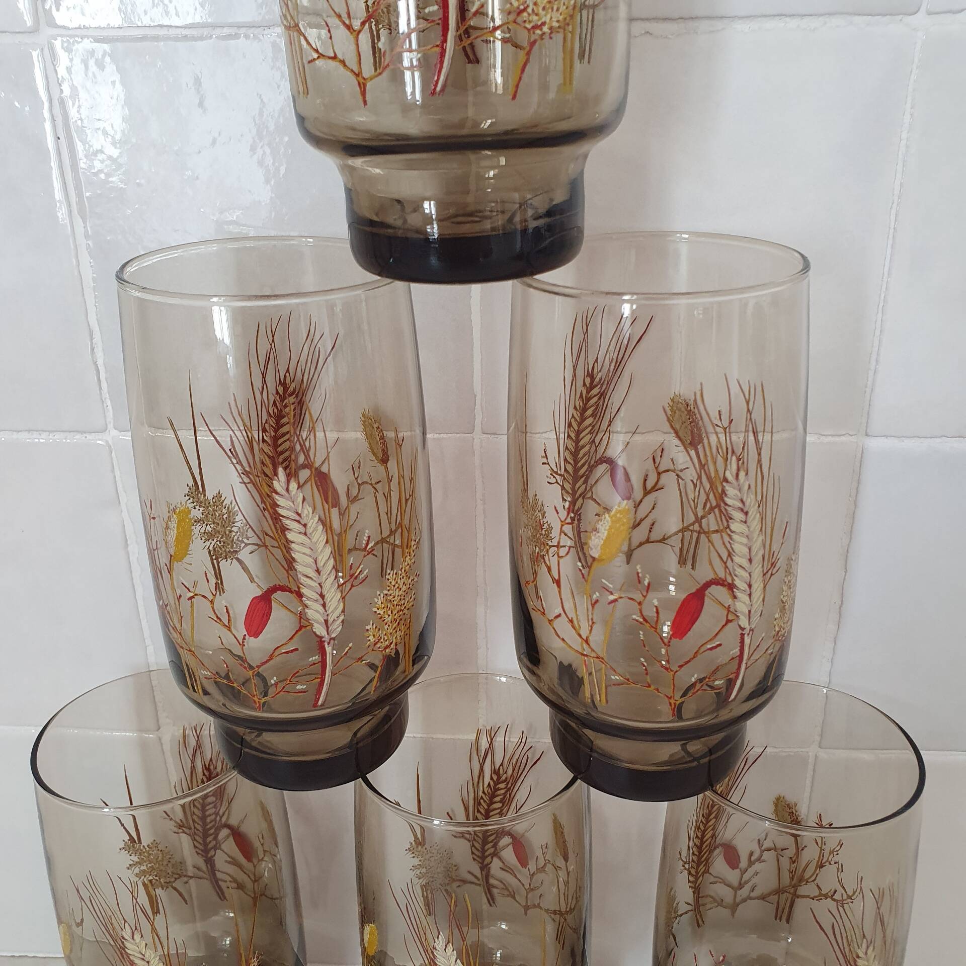 6 large smoked brown glasses