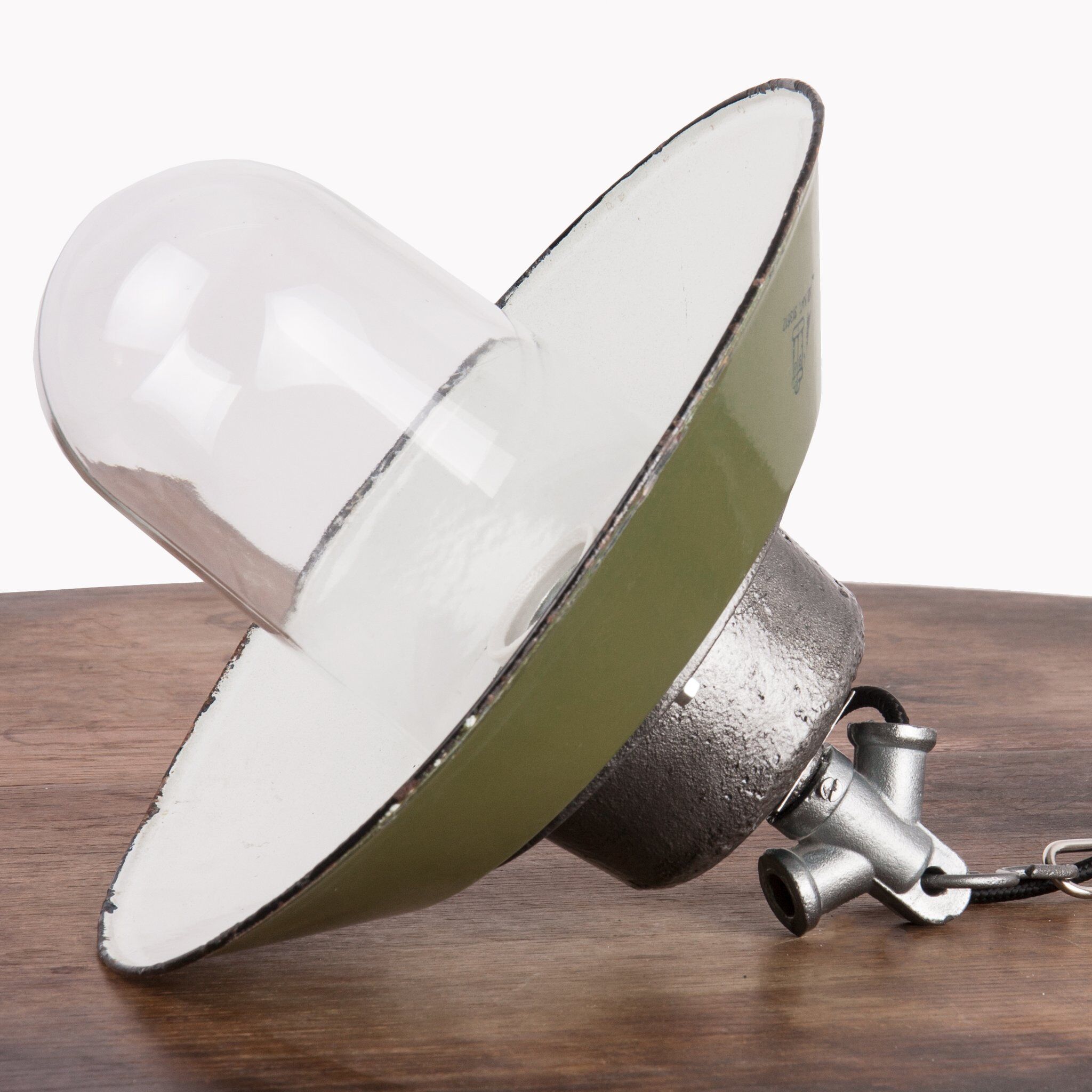 Industrial enamel lamp with glass and cast iron, Poland, 1960s