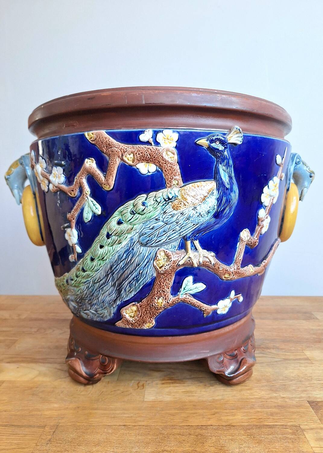 Large antique majolica cache pot, planter by Joseph Holdcroft.