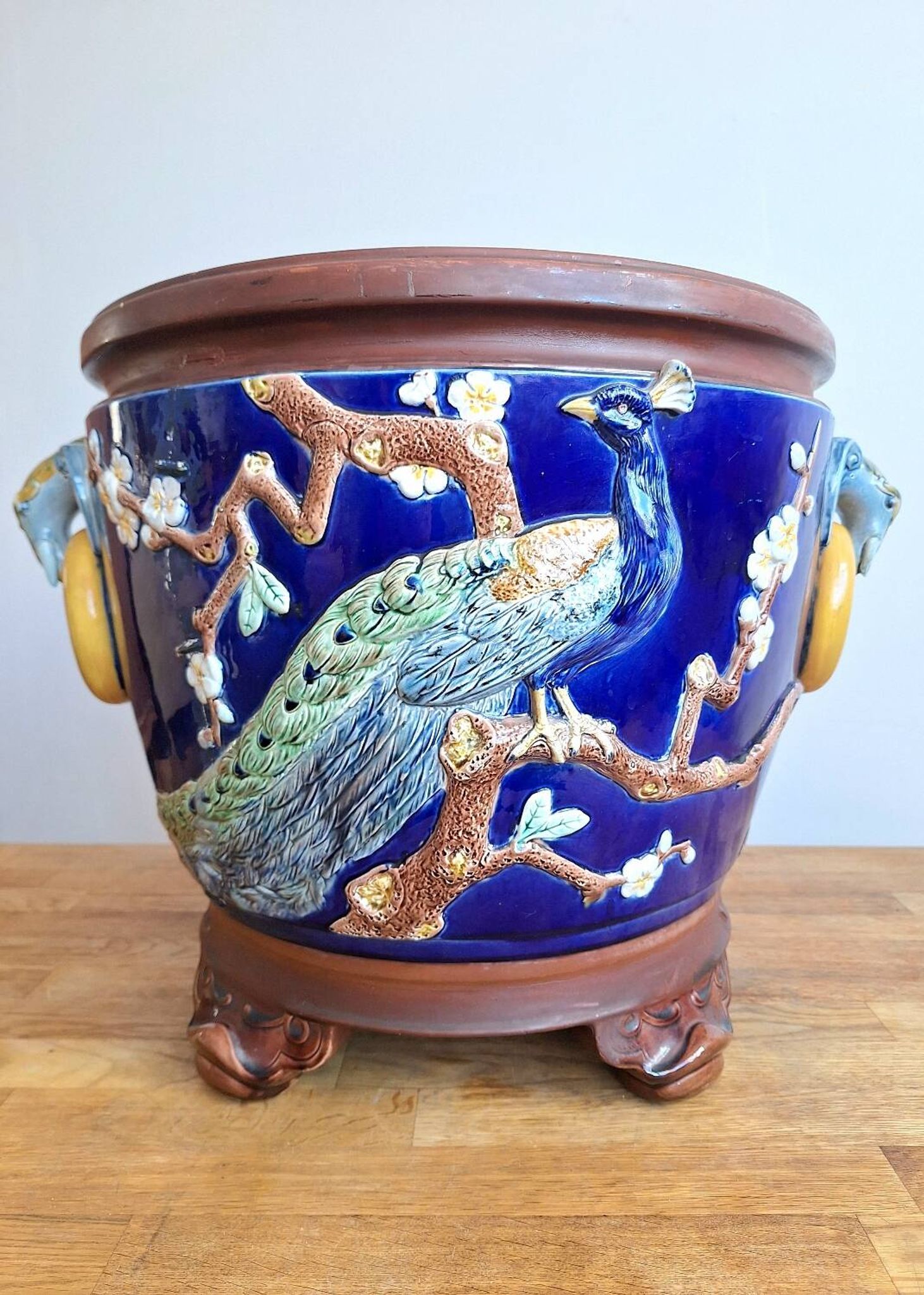 Large antique majolica cache pot, planter by Joseph Holdcroft.